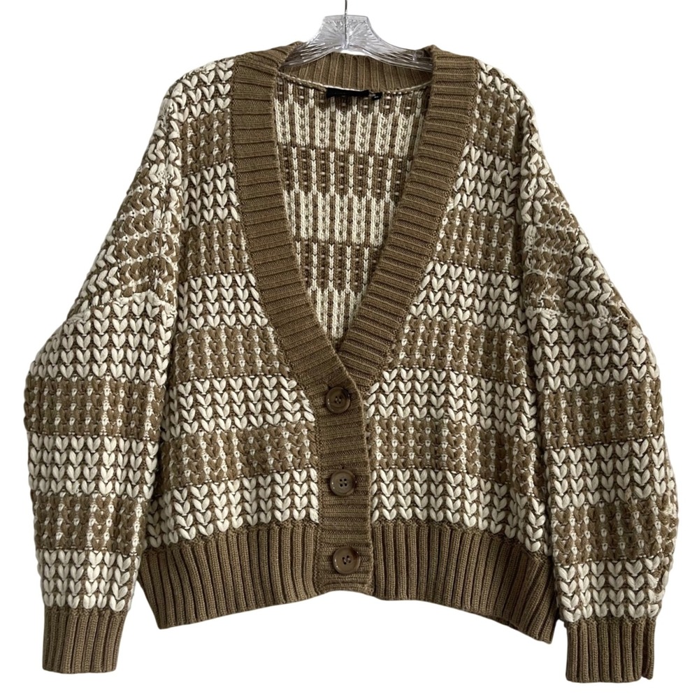 FinnFlare XL‎ Chunky Knit Cardigan Brown Cream Checkered Button Front Sweater